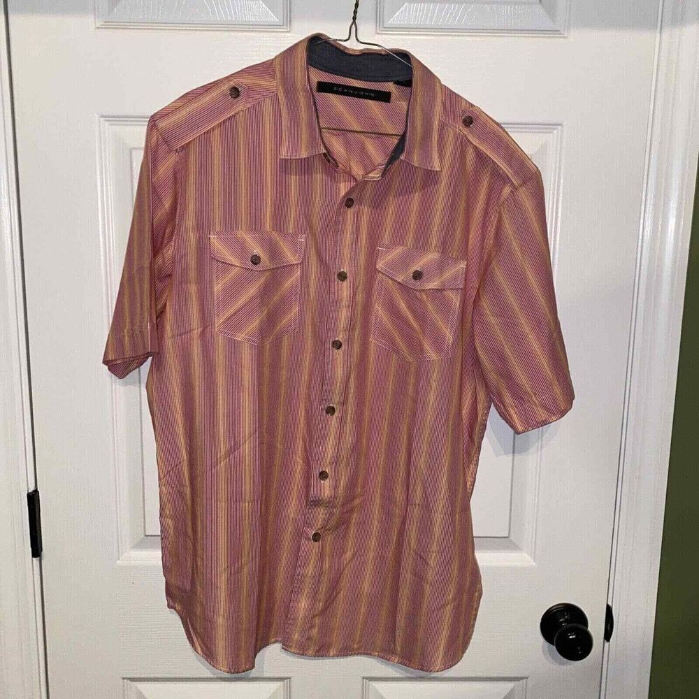 Sean John Coral/Pink Striped Short‎ Sleeve Shirt XL Bad Boy Sportswear Pockets